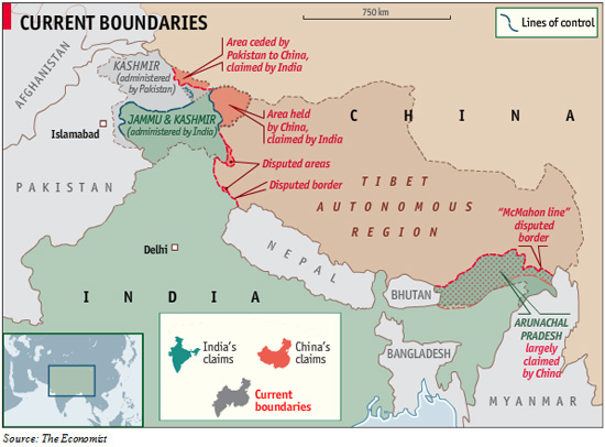 Bản đồ vùng Nam Tây Tạng, phần có màu xanh chấm đỏ